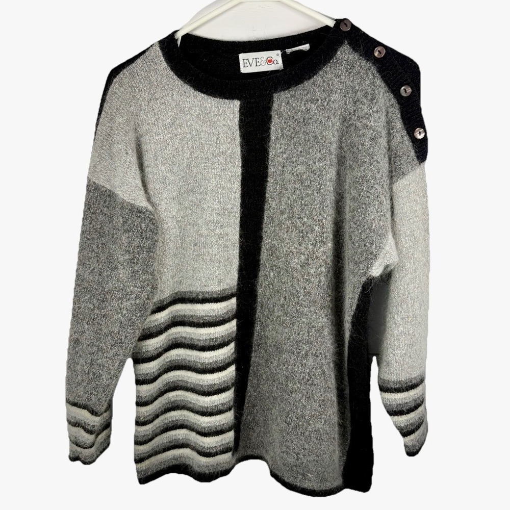 Vintage Eve & Co Angora Blend Sweater Patchwork‎ Gray Black Soft Sz M/L 90s
